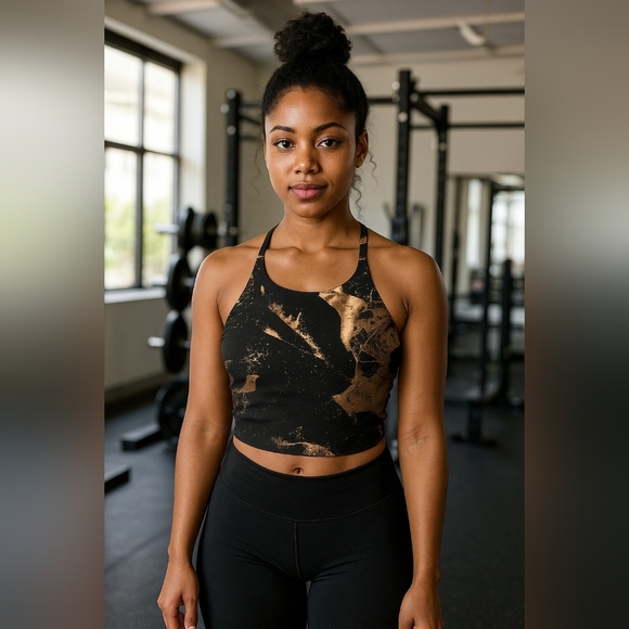 Old Navy Other - Old Navy Black & Gold Marble Active Crop Top Size M Racerback Removable Padding